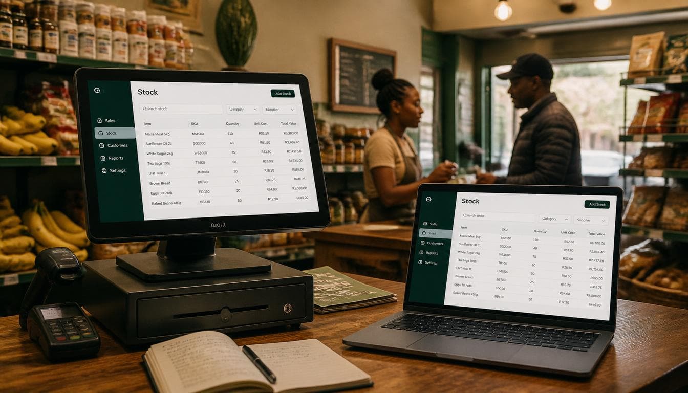 Physical till PC beside a laptop sharing the same stock view
