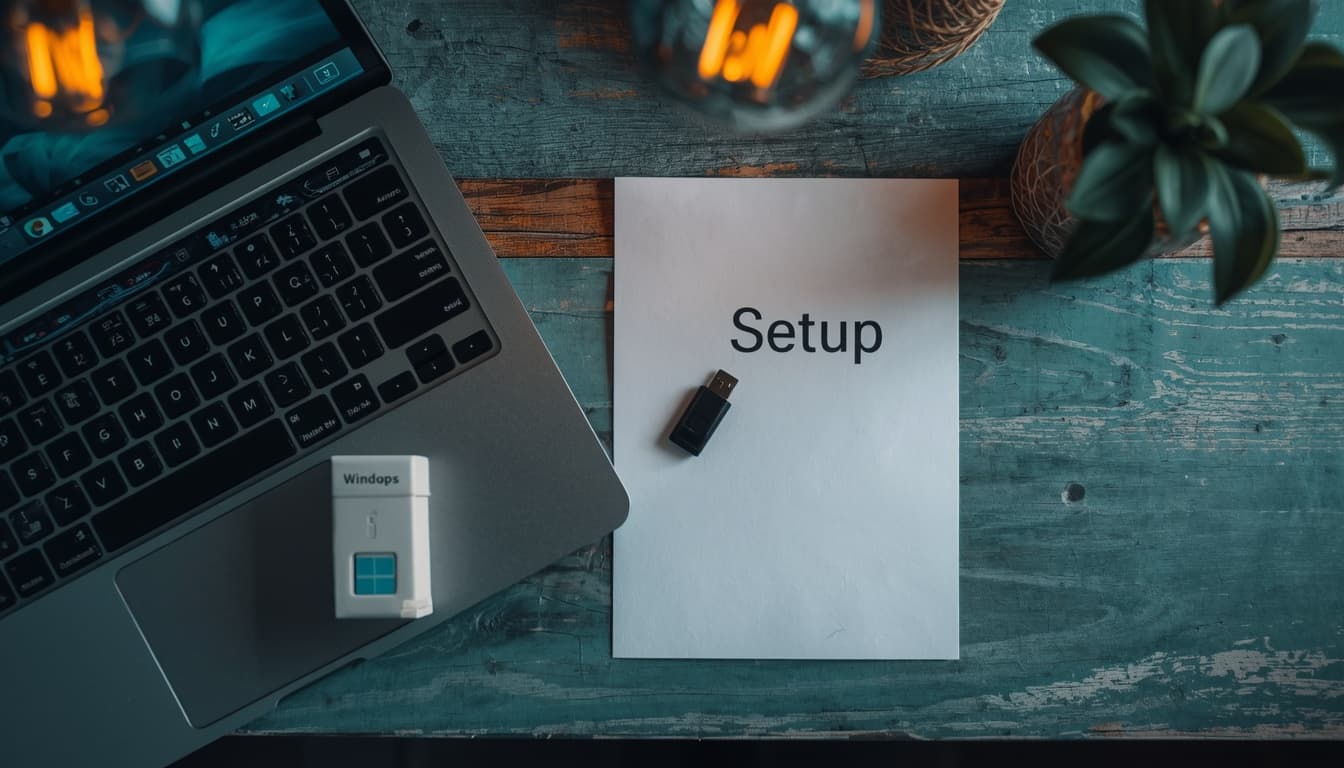 USB stick and Setup sheet beside a Windows laptop on a counter