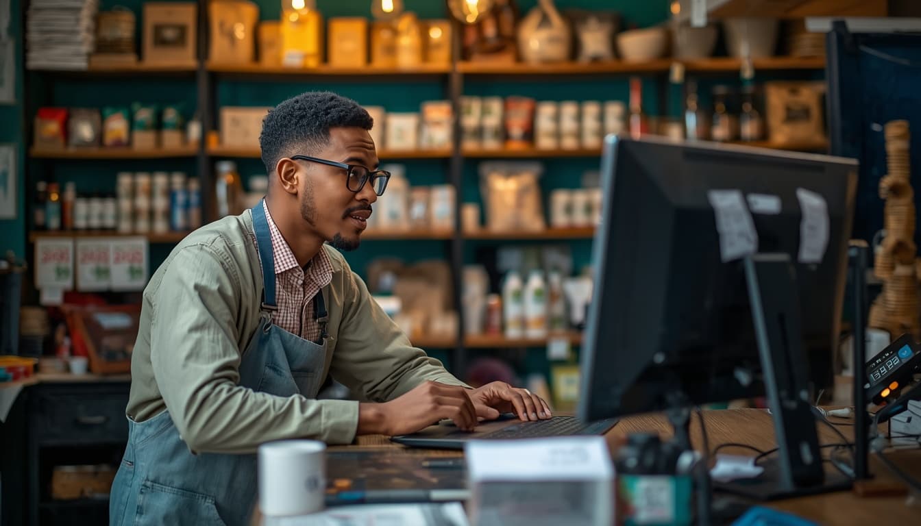 Manager using a laptop for back-office inventory beside a till screen